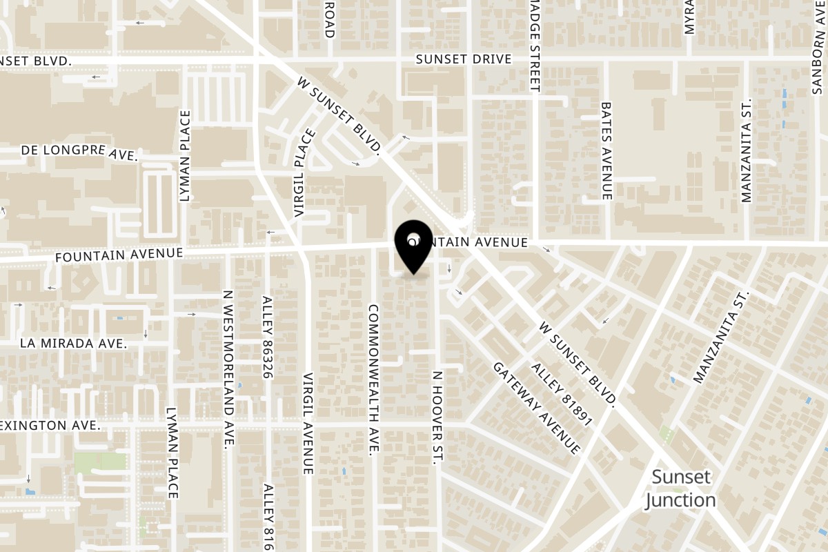 Map showing the location of Wat Dong Moon Lek Noodle on 4356 Fountain Ave in Los Angeles